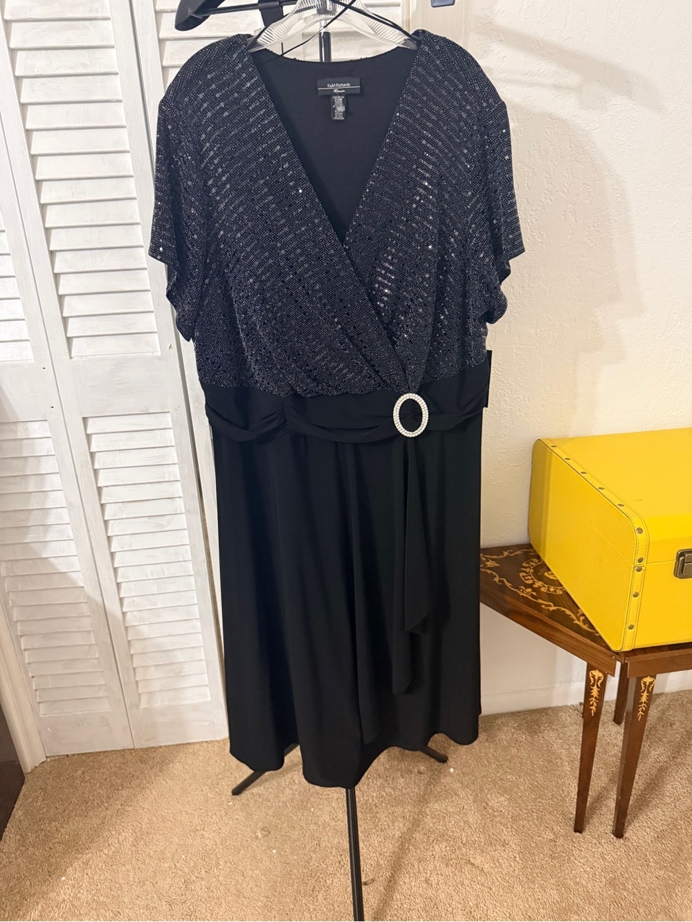 R&M Richards Black Sequin Wrap-Style Midi Dress